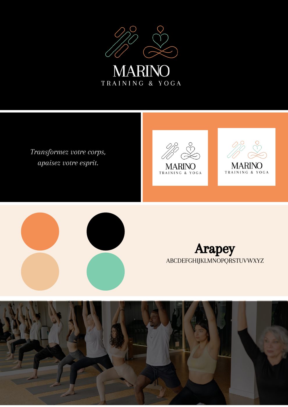 Planche de direction artistique : logo, palette orange, sable, vert d'eau et noir, typographie Arapey